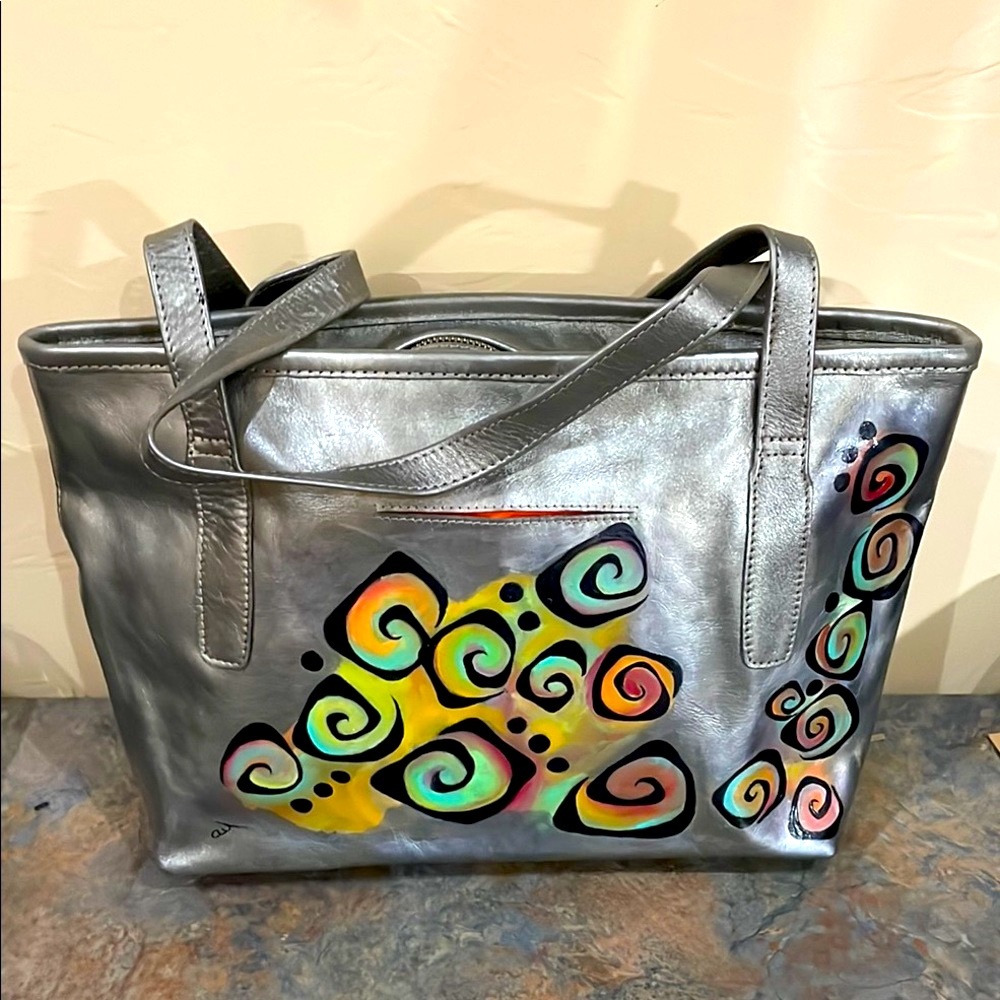 Stylish Silver Shoulder/ Tote  Bag with Hand Painted Art